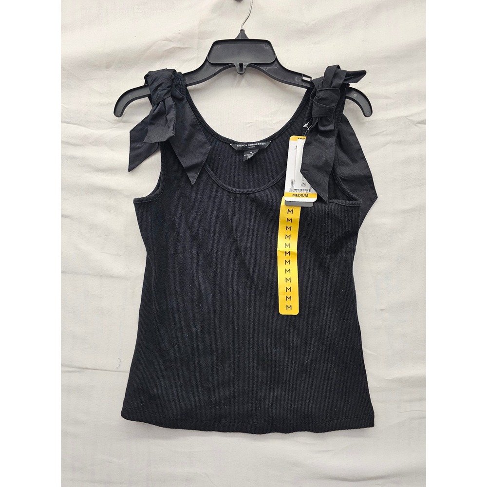 French Connection Womens Bow Shoulder Tank Black Cotton Blend Casual Size Medium
